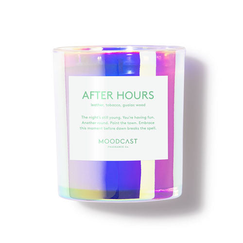 Candle labeled 'After Hours'  and 'Moodcast Fragrance Co." with a colorful iridescent finish.