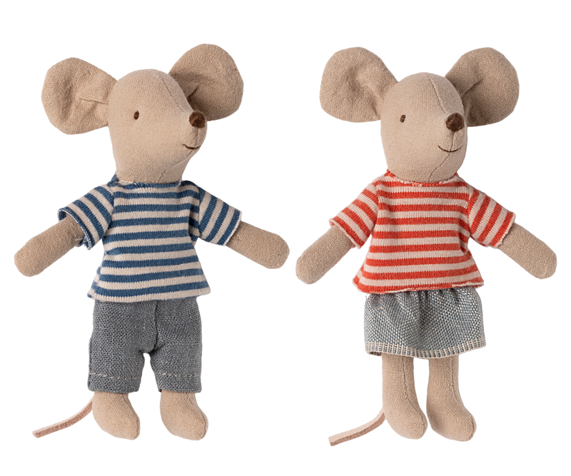 Brother and sister mice, LouiMax in a blue and off-white striped shirt and gray pants, and Stella in a red and off-white striped shirt and blue skirt.