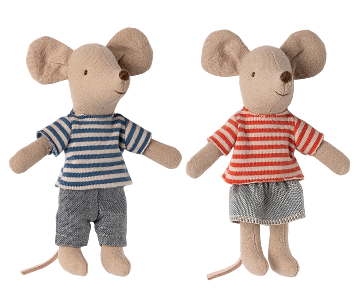 Brother and sister mice, LouiMax in a blue and off-white striped shirt and gray pants, and Stella in a red and off-white striped shirt and blue skirt.