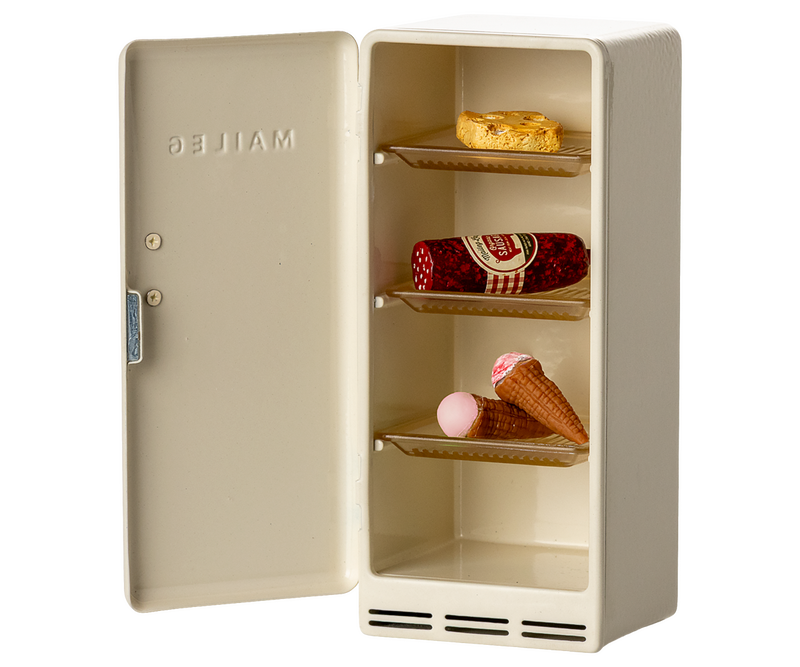 Refrigerator with its door open, with a slice of cheese on the top shelf, sausage on the middle shelf and ice cream cones on the bottom shelf.