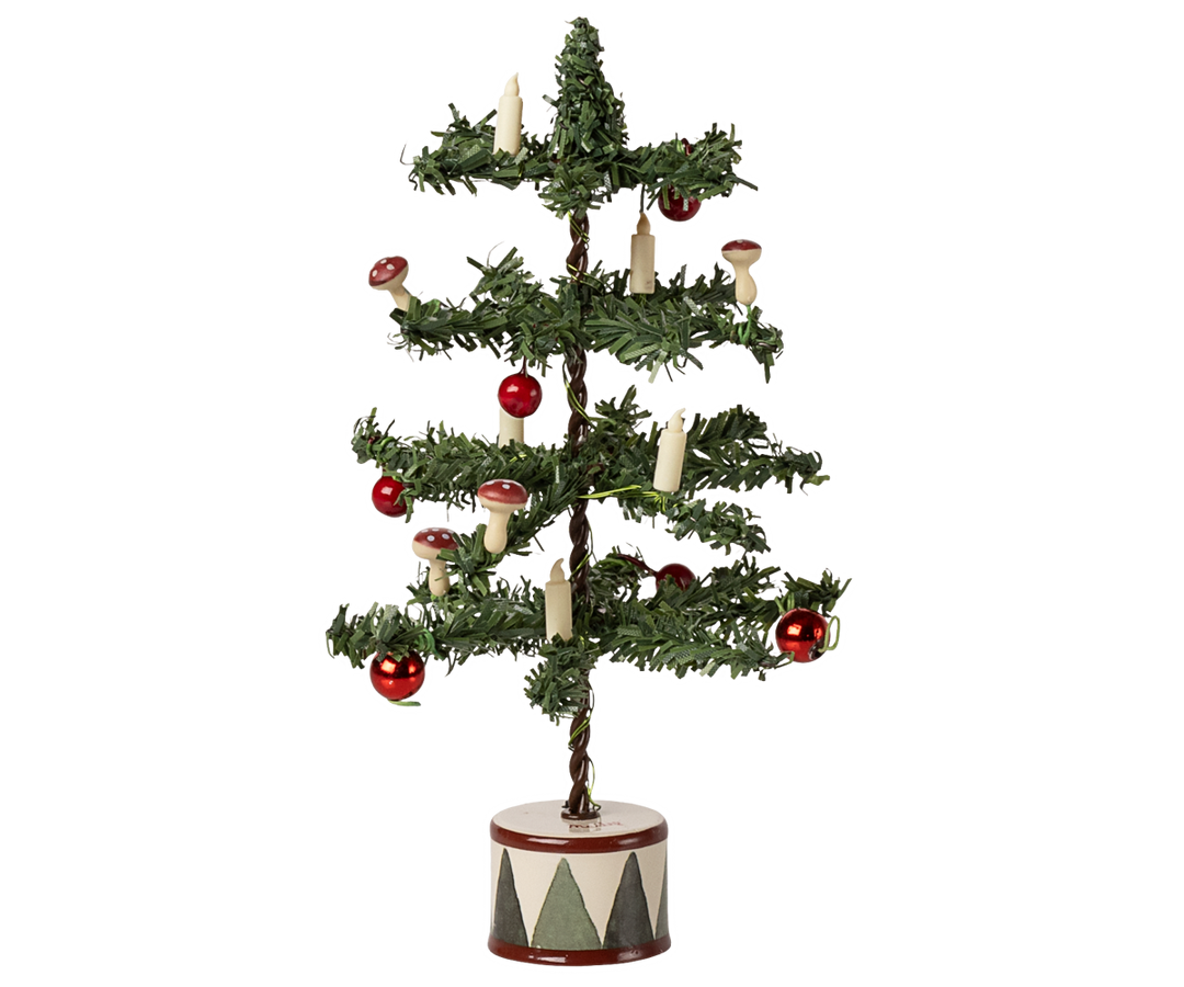Decorative Christmas tree with red ornaments and candles.