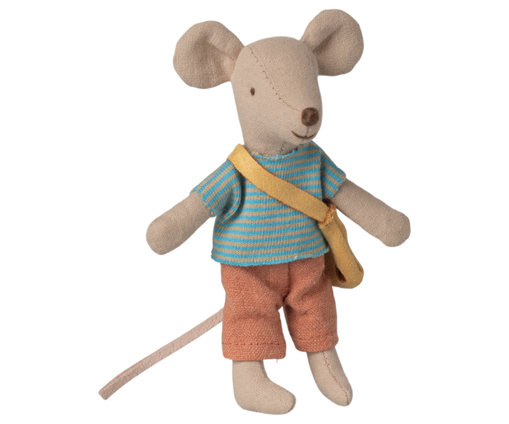 Mouse wearing a orange pants, an orange and blue striped top, with a yellow bag slung over his shoulder.