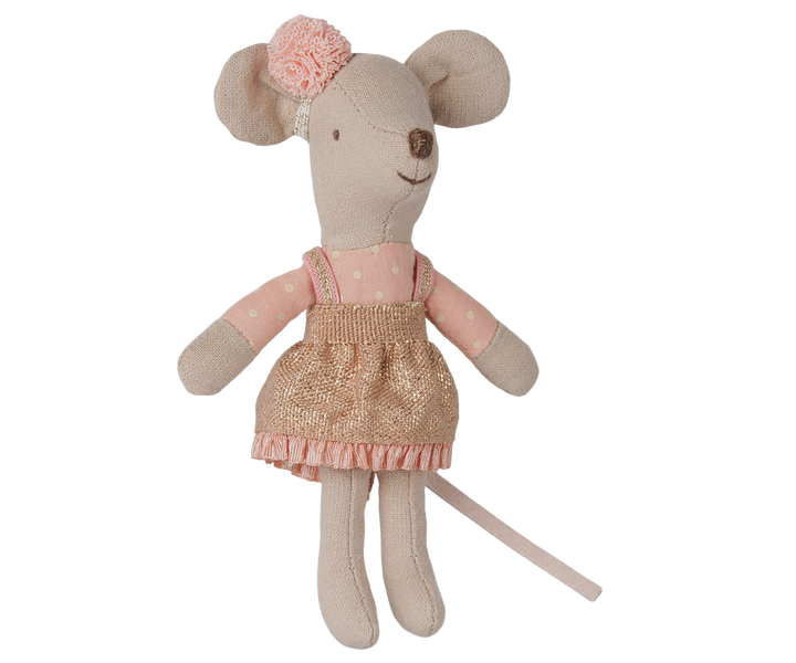 Little sister mouse wearing a pink and gold polka-dot dress with a matching pink pom-pom headband.