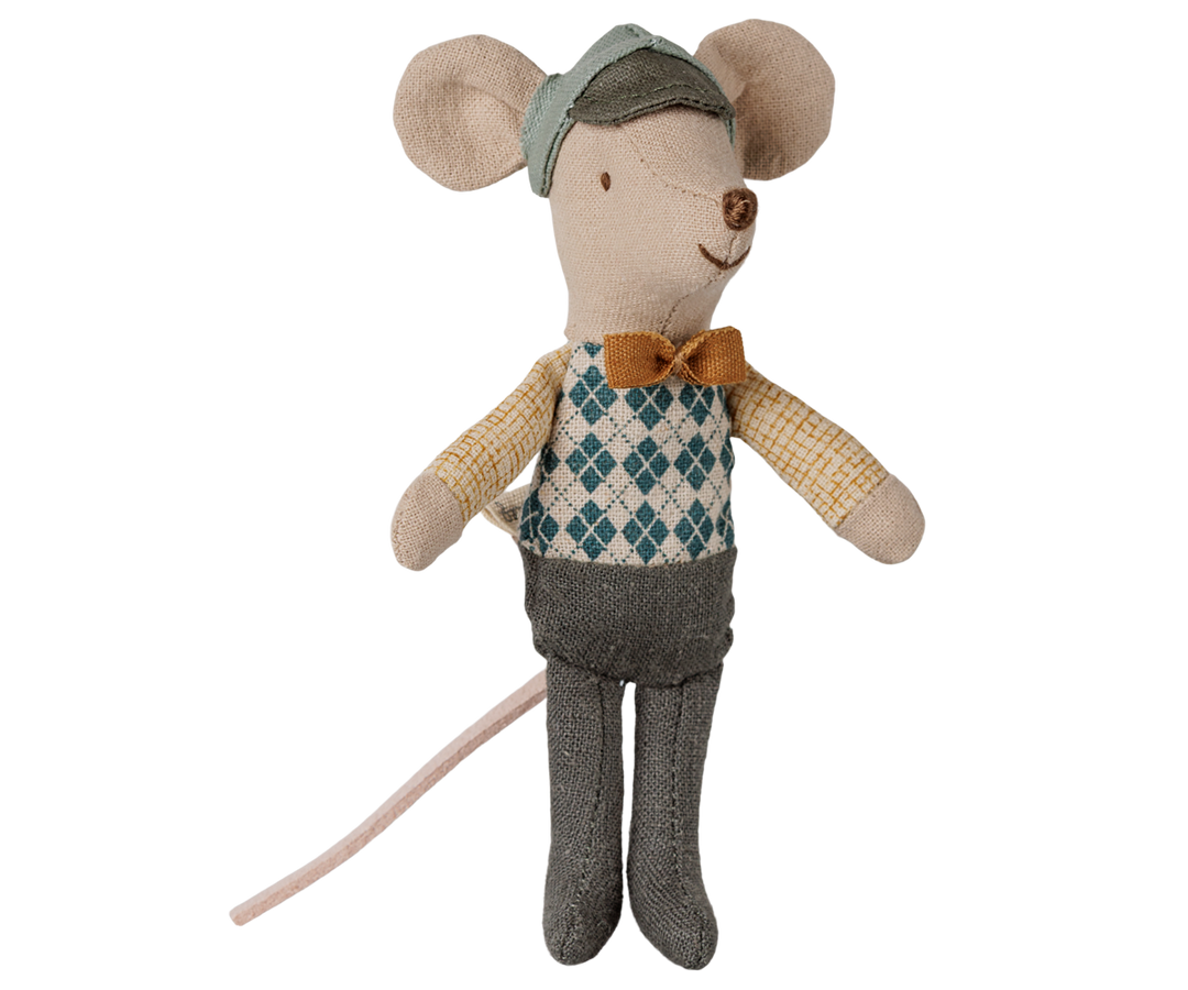 Little brother mouse dressed in vintage clothing, featuring a gray and blue cap, argyle sweater vest, brown bow tie, and gray trousers.