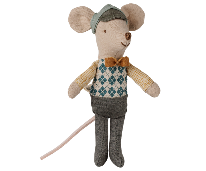 Little brother mouse dressed in vintage clothing, featuring a gray and blue cap, argyle sweater vest, brown bow tie, and gray trousers.