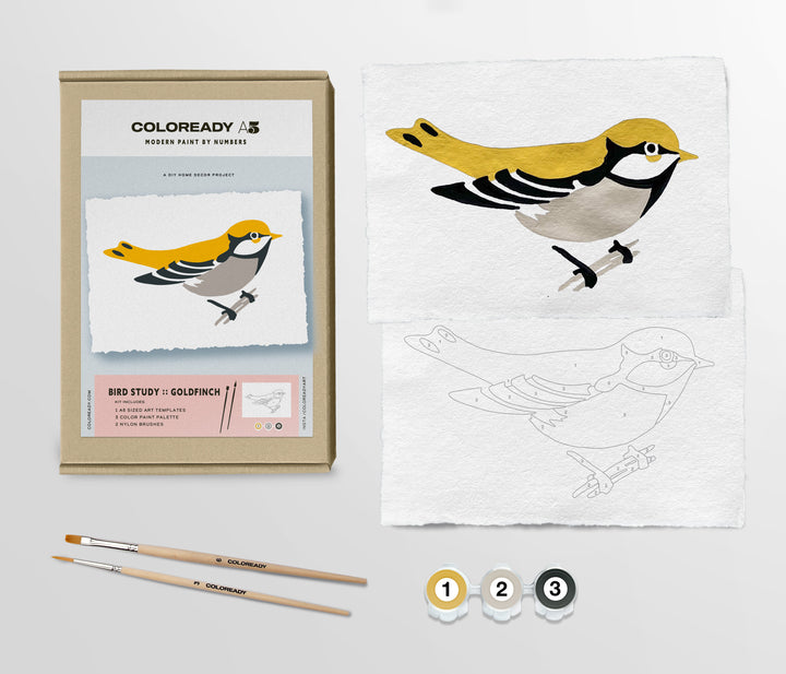 Components of the kit next to its package. Shown are the completed painting of the goldfinch, the outline of the bird ready to paint, two paint brushes and three small containers of yellow, gray and black paint.