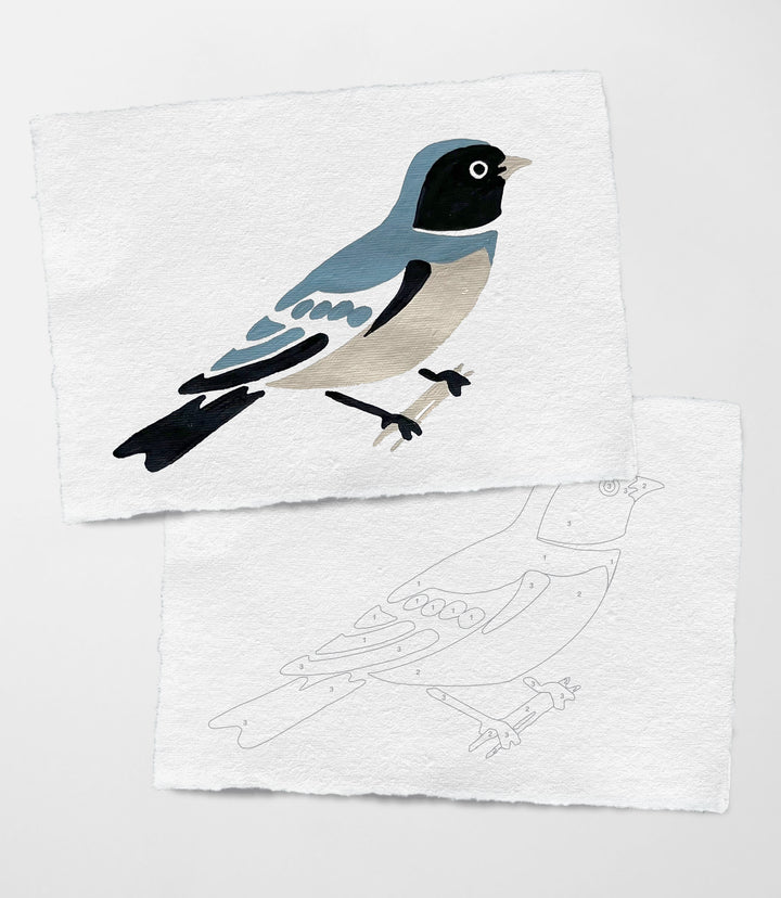 Two square white art cards with deckled edges. The top card shows a swallow in colors of black, blue, gray, and white. The bottom card shows an outline of the bird with a number of the color to apply to each area.
