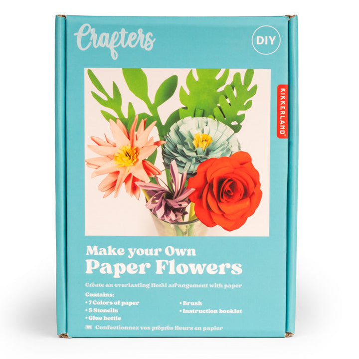 Box of paper making kit with photo of completed flowers.