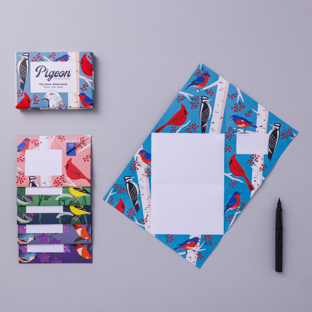 Writing set opened to show five envelopes, each with a different design, and the sixth unfolded to show the writing area, all decorated with bright birds on branches.