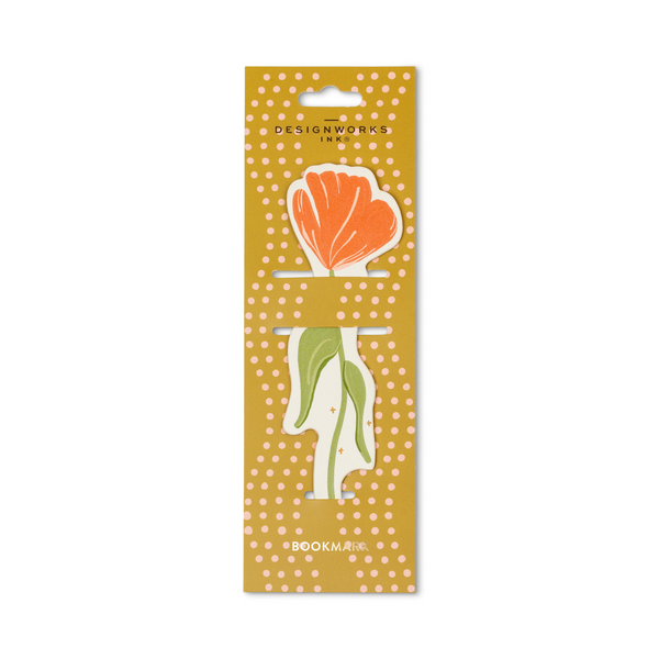 Bookmark in the shape of an orange poppy, packaged on a dark yellow cardboard backing.