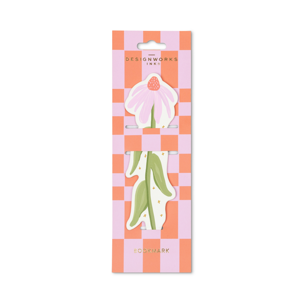 Bookmark in the shape of a pink coneflower, packaged on a pink and orange checked cardboard backing.