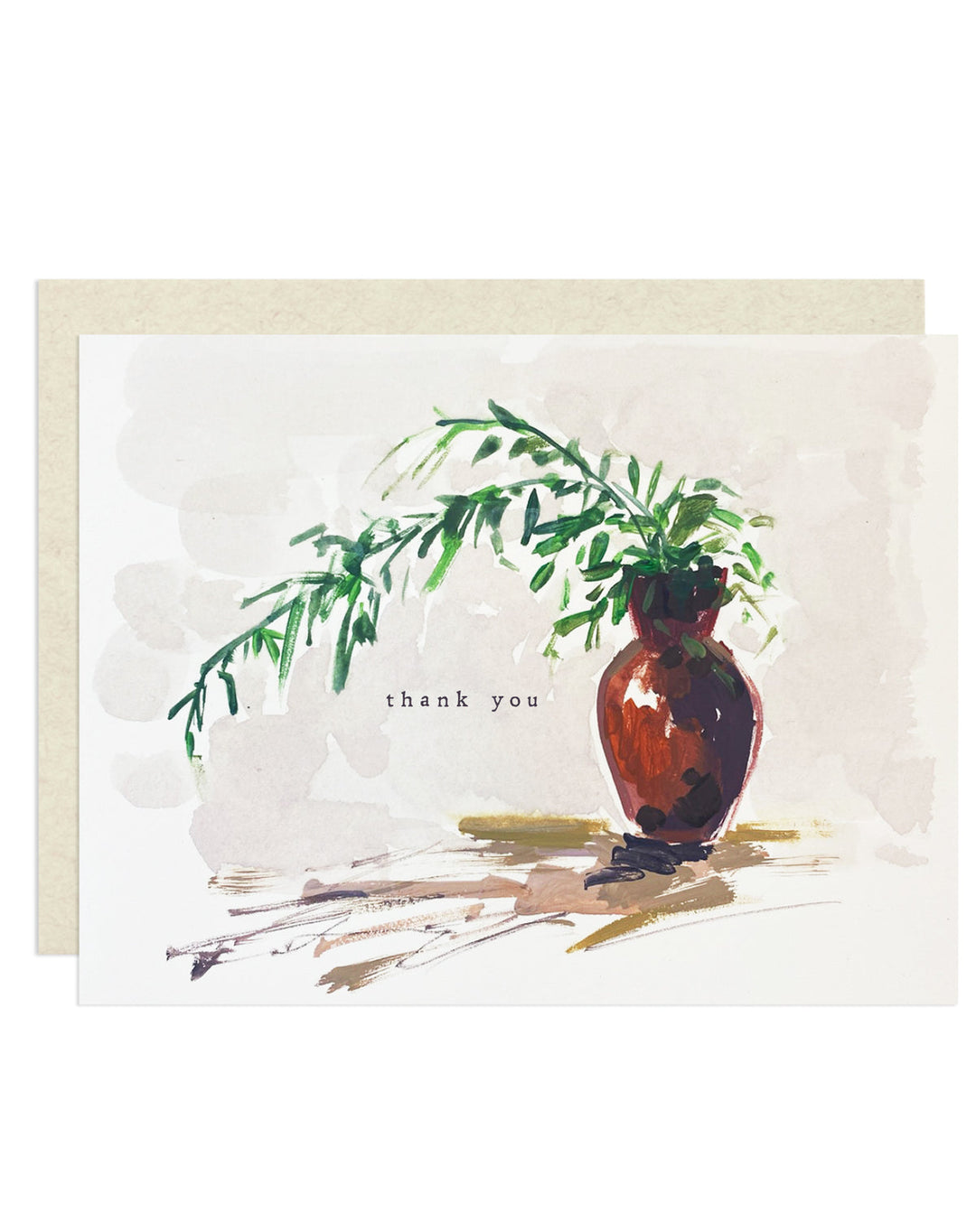 Front of card with watercolor illustration of a clay vase holding bamboo stalks, and the words 'thank  you' in front of an off-white envelope.