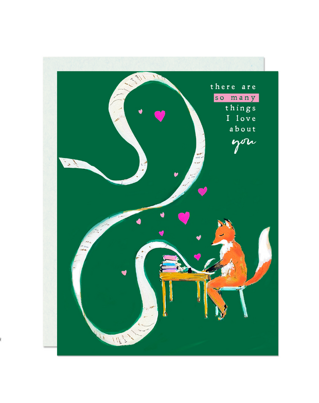 Front of card with a fox typing a long list with pink hearts on a green background.