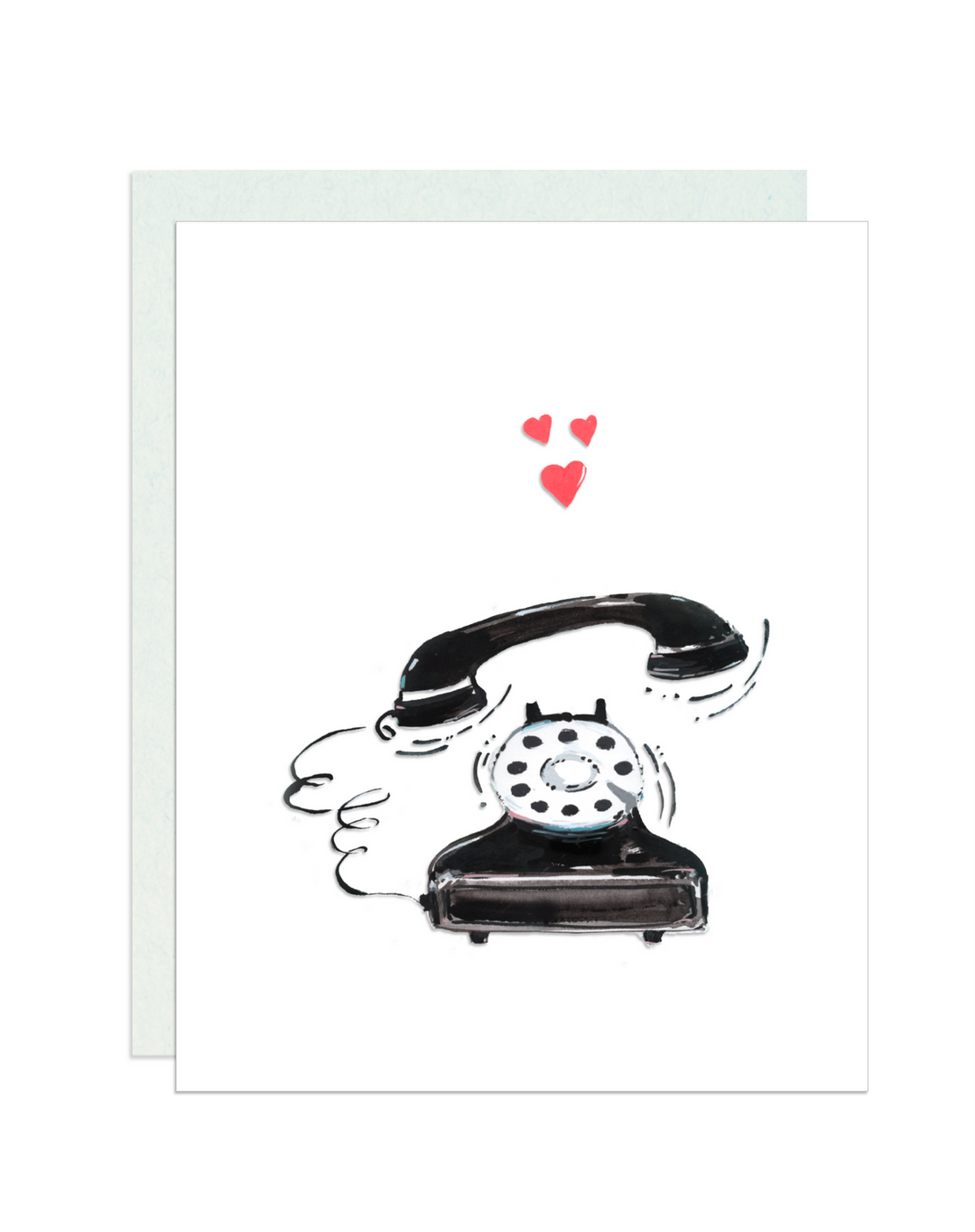 Front of card with illustration of a ringing vintage-style rotary phone with hearts above it in front of a pale green envelope.