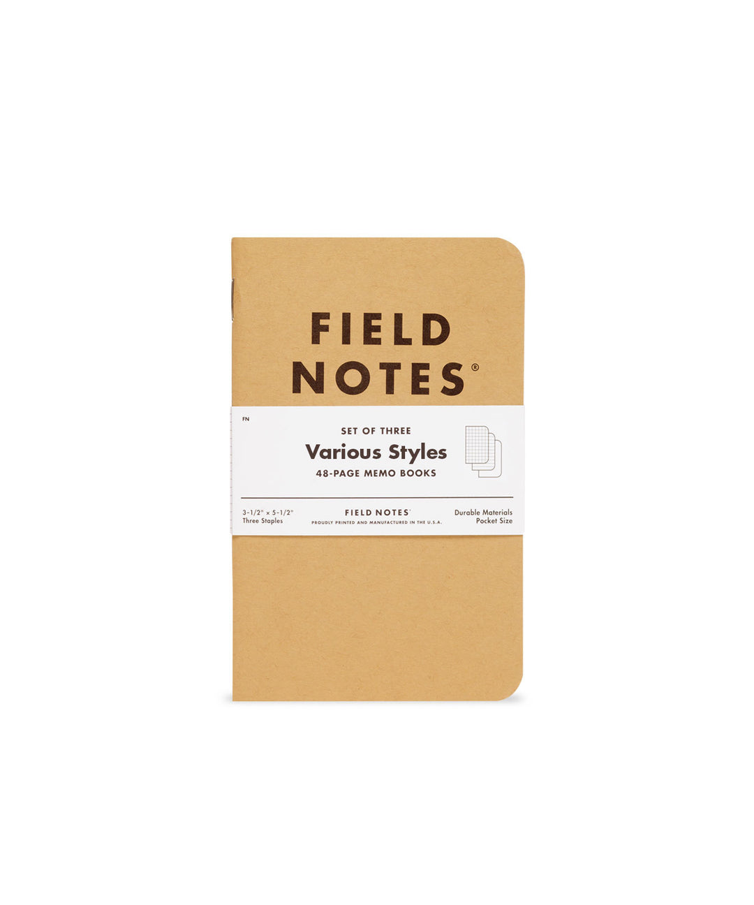 Brown memo book with black text and a white band securing the three notebooks in the set.