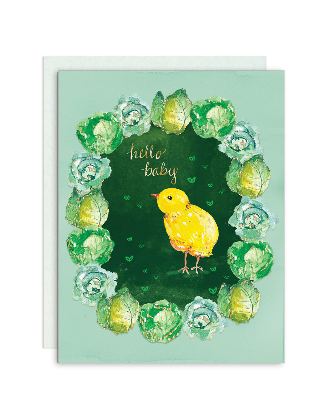 Front of card with watercolor drawing of a baby chick surrounded by a ring of cabbages with the text 'hello baby' above the chick on a green background in front of a pale green envelope.