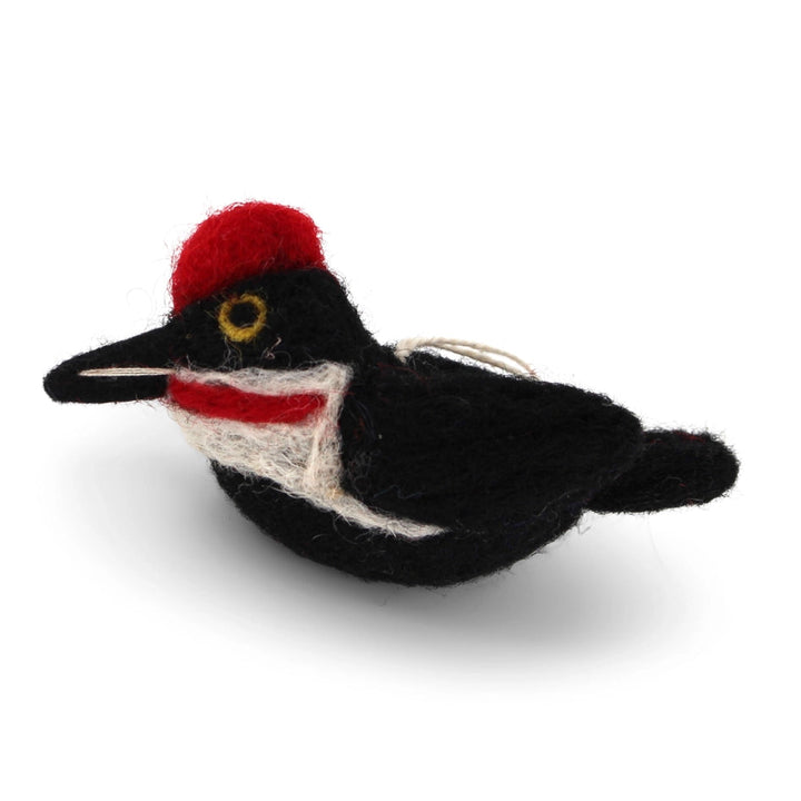 Black felt bird with red crest and throat strip