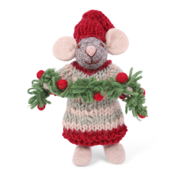 Gray mouse in a red and green striped dress, and red hat, holding a green garland with red balls. 