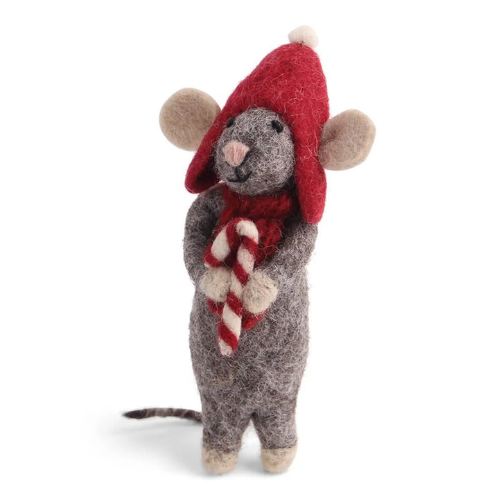 Gray mouse wearing a red hat and scarf, and carrying a candy cane.