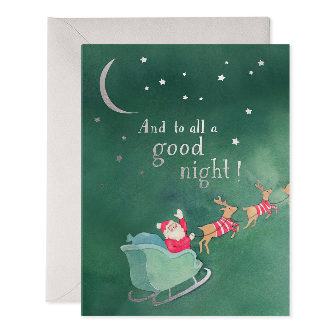 Christmas card with Santa Claus in sleigh and reindeer traversing the night sky, text 'And to all a good night!', on a green background.