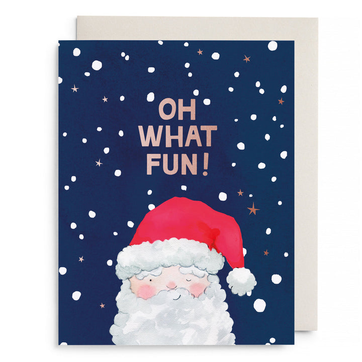 Christmas card with Santa Claus and 'Oh What Fun!' text on a blue background.