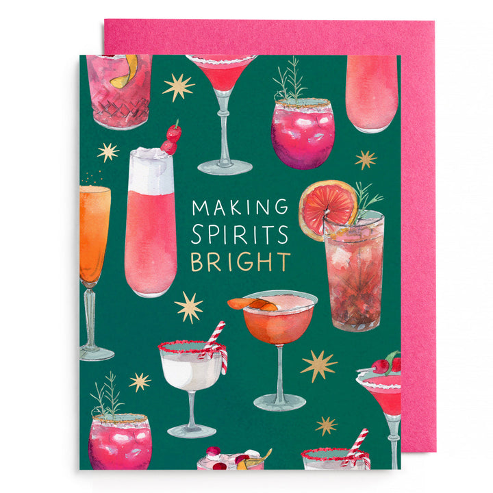 Greeting card with cocktail illustrations and 'Making Spirits Bright' text on a green background.