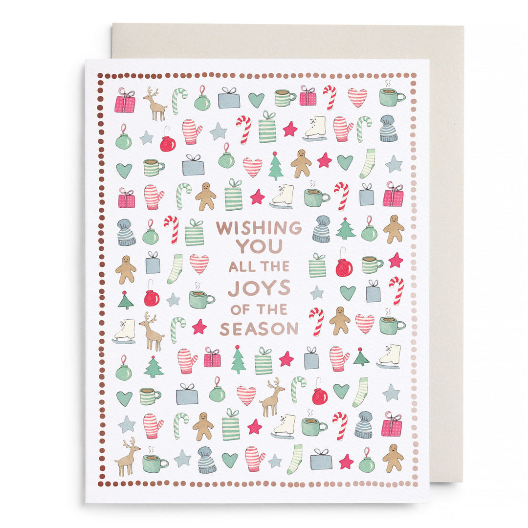 Christmas-themed card with festive illustrations filling the page and text in the middle.