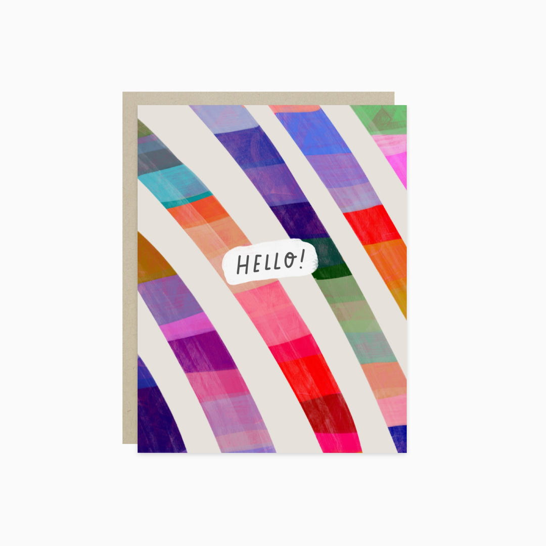 Front of card with curved columns of multi-colored stripes and 'HELLO!' text in the middle. 