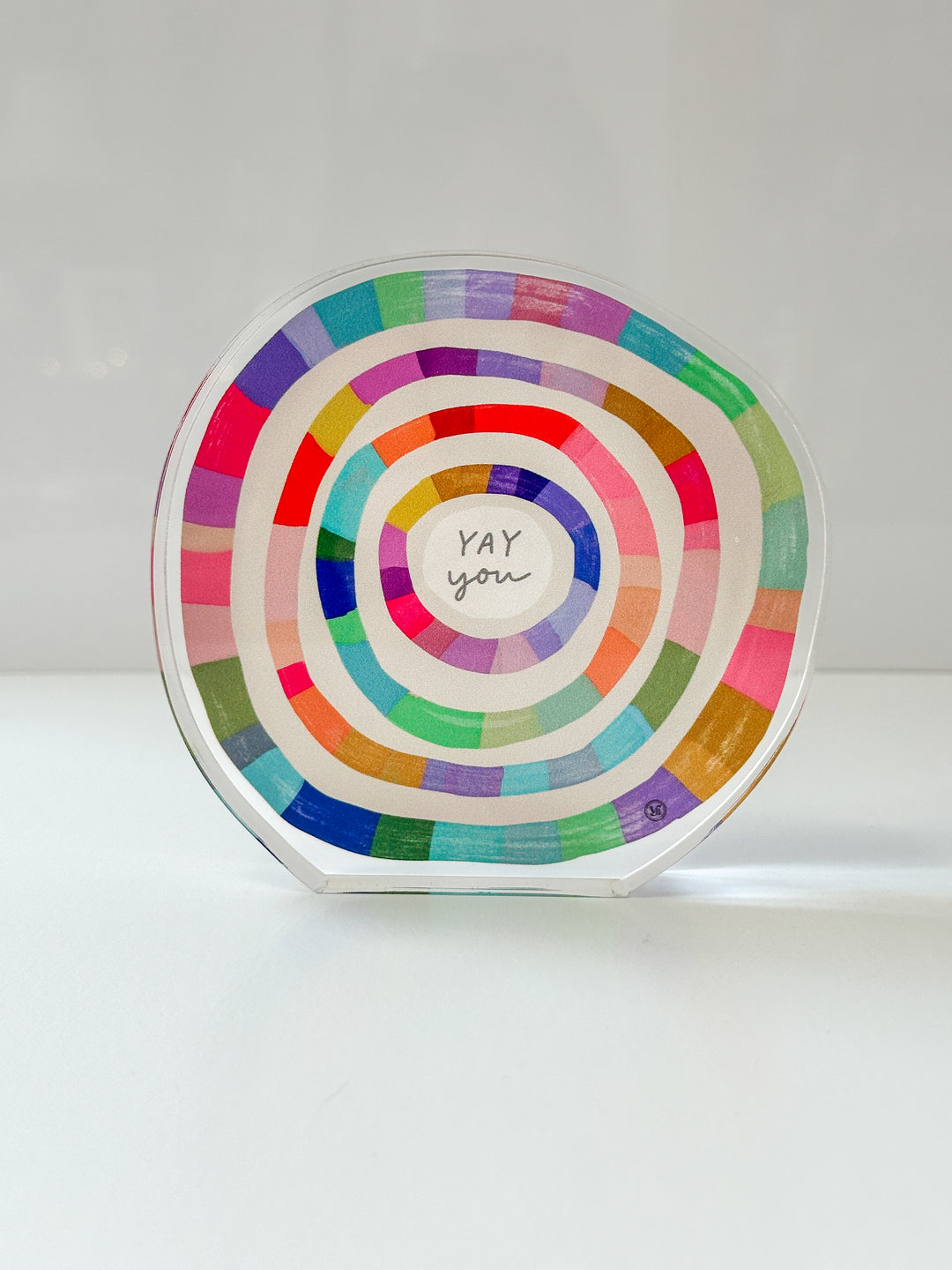 Front of card with multi-colored concentric circles on an off-white background, and the text "thank you" in the centermost circle. The text "yay you" is in the innermost circle.