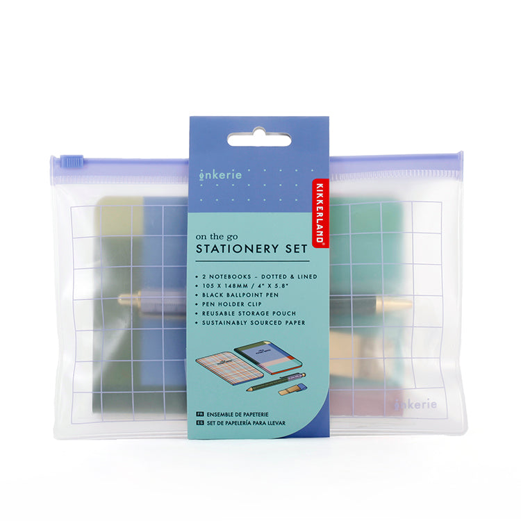 Stationery set in its packaging, listing contents.