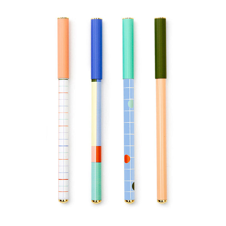 Four colorful pens with patterned barrel and coordinating solid color cap.