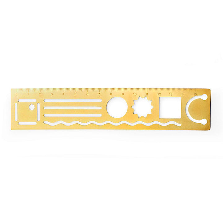 15" brass ruler with templates of geometric shapes.
