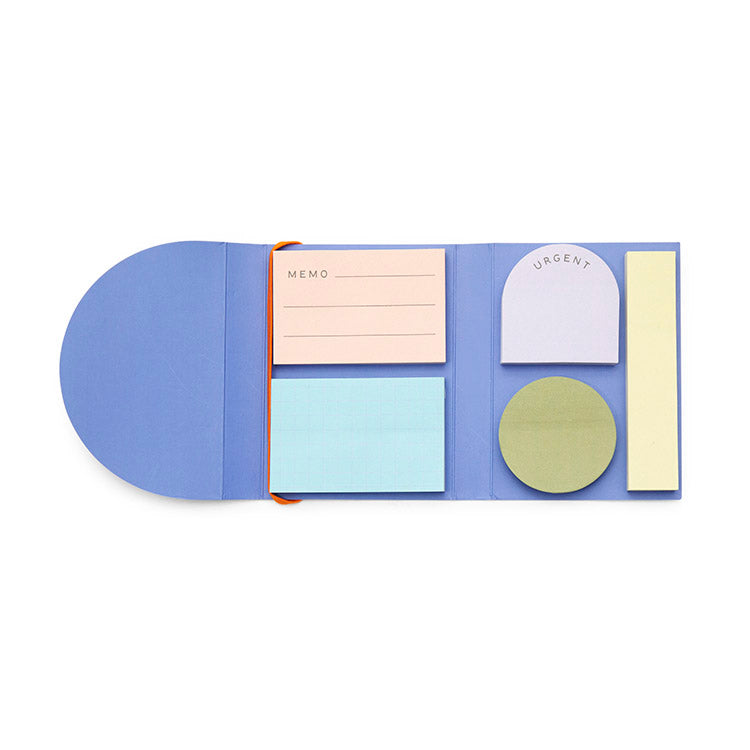 Sticky notes of various shapes and colors. One is marked Memo and another Urgent. The other three are blank.