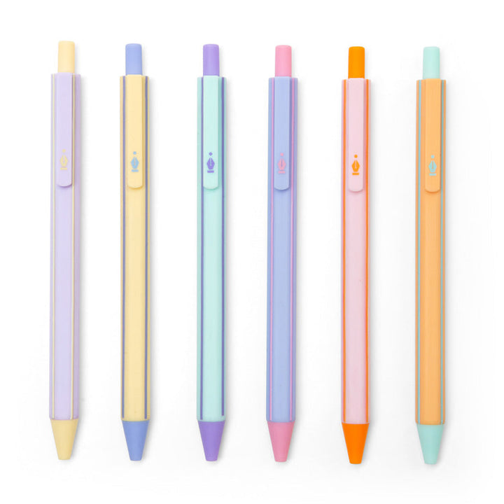 Five gel glitter pens, arranged side by side, in various pastel colors with coordinating tips and click top.