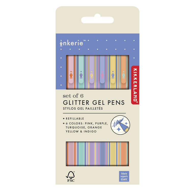Packaging of glitter gel pens.