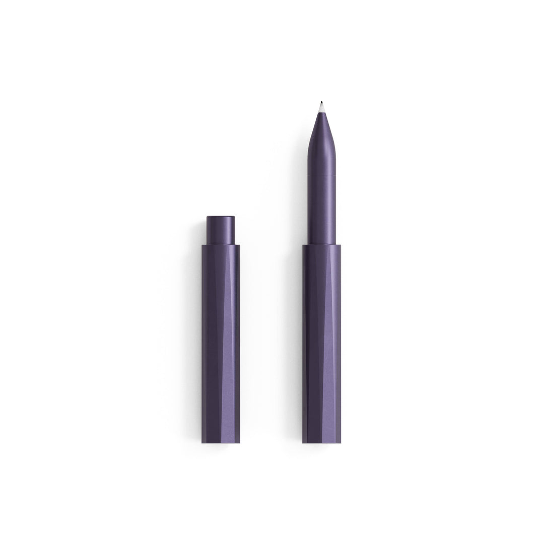 Pen with cap removed in purple.