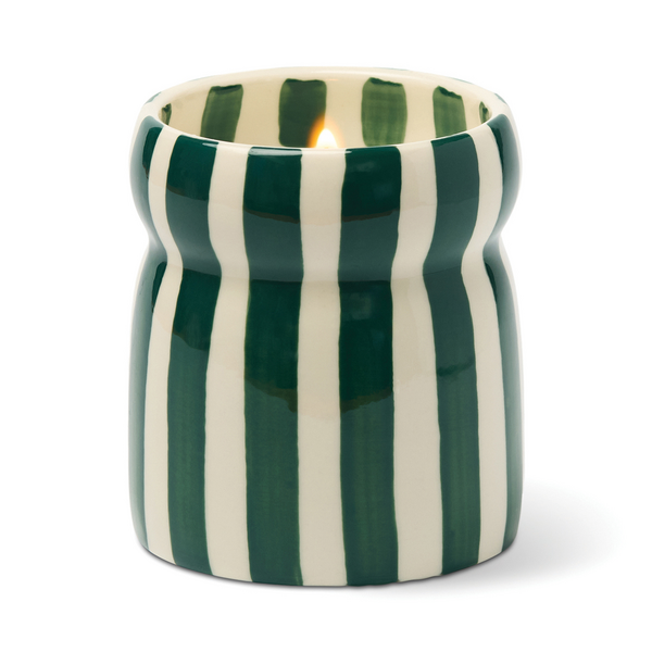Ceramic candle holder with dark green and off white vertical stripes.