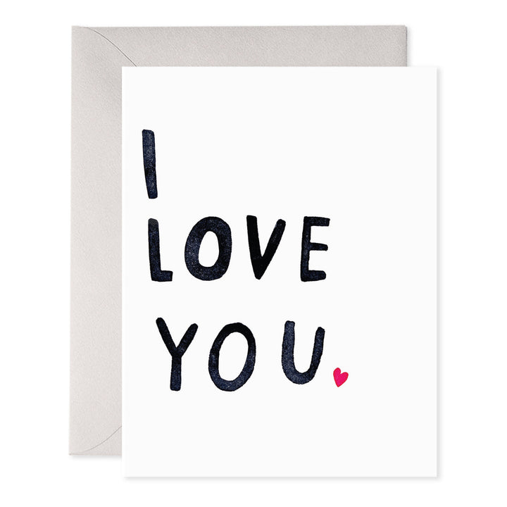 Greeting card with large 'I LOVE YOU' text and a heart symbol as a period.