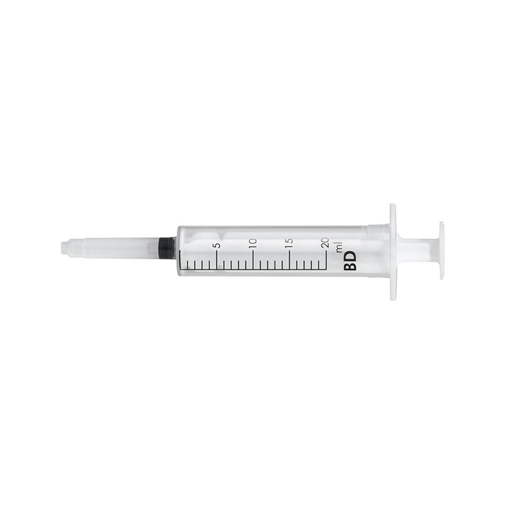 Clear plastic pen cleaning syringe with 0 - 20 ml measurement markings.