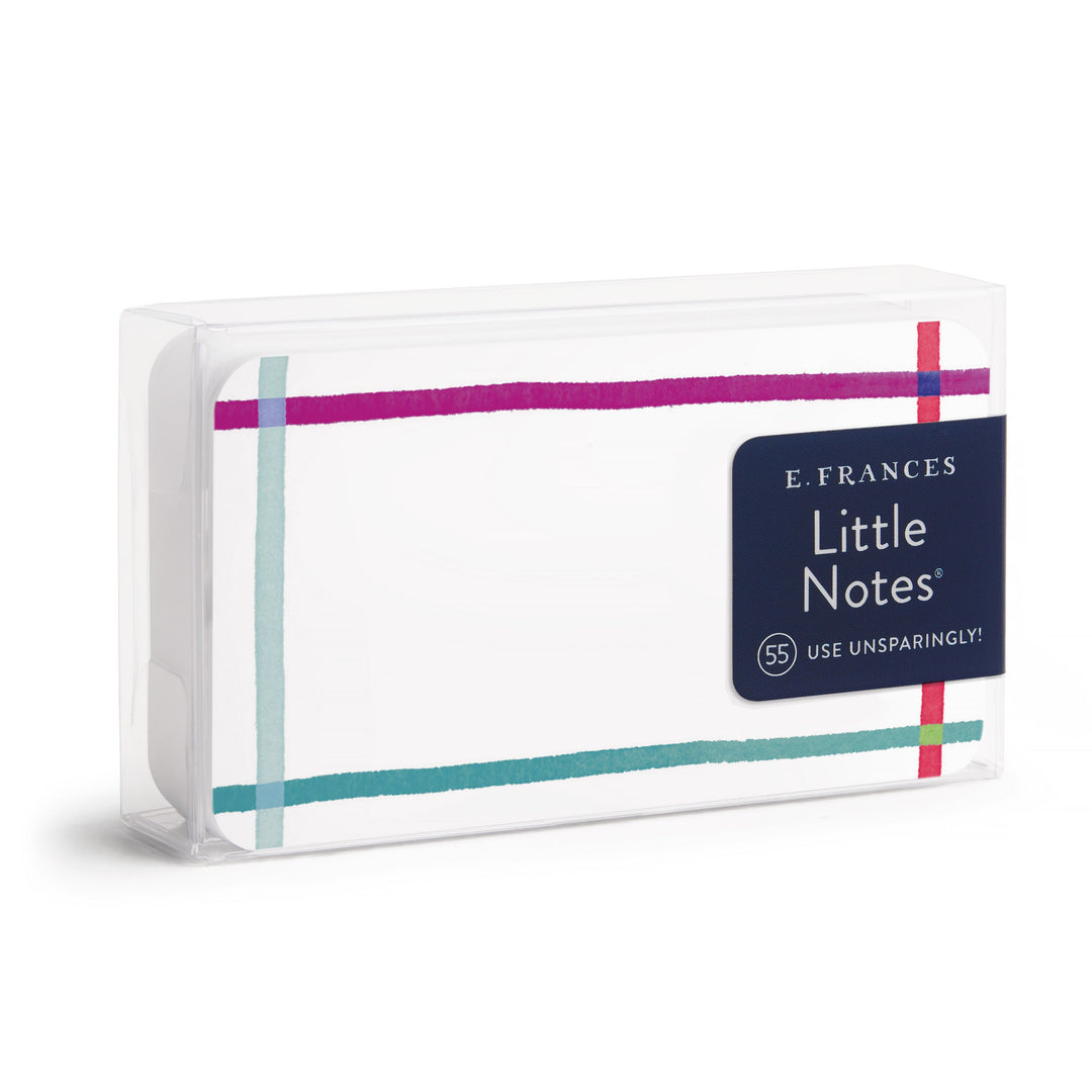 E. Frances Little Notes 55 sheet pack in a clear plastic sleeve with a navy blue label and colorful striped accents.