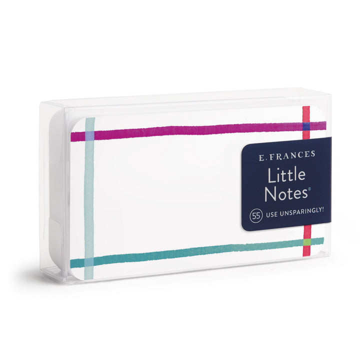 E. Frances Little Notes 55 sheet pack in a clear plastic sleeve with a navy blue label and colorful striped accents.