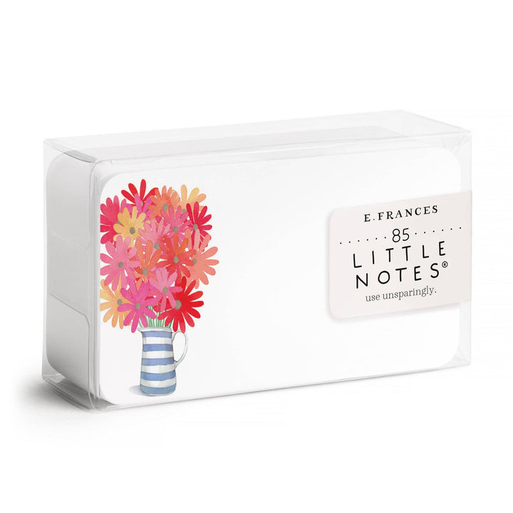 Packet of E. Frances 'Little Notes' note cards with a drawing of a bouquet of flowers in a blue and white striped pitcher on each.
