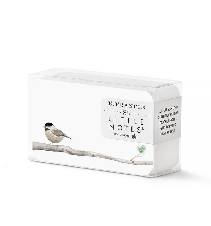 Packet of E. Frances 'Little Notes' note cards with a drawing of a chickadee on a branch on each.