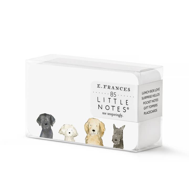Packet of E. Frances 'Little Notes' note cards wit a drawing of four different cute doggies on each.