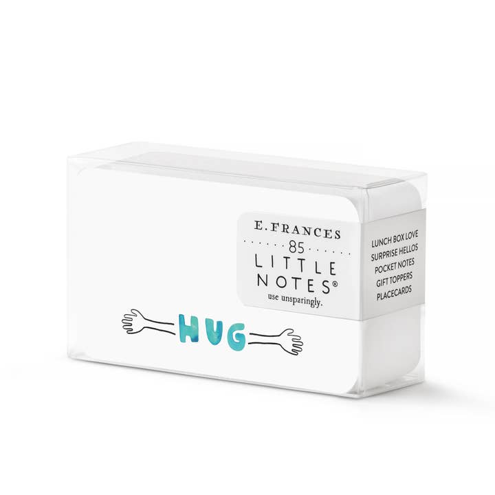 Packet of E. Frances 'Little Notes' note cards with a drawing of a two outstretched arms with the word 'HUG' in between them.