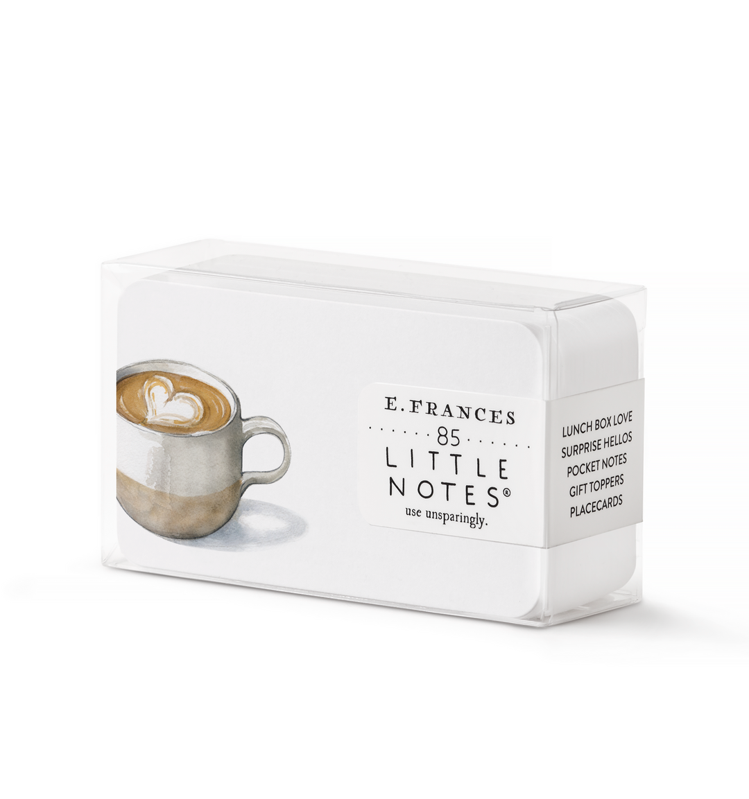 Packet of E. Frances 'Little Notes' note cards with a drawing of a mug of latte with a crema heart.