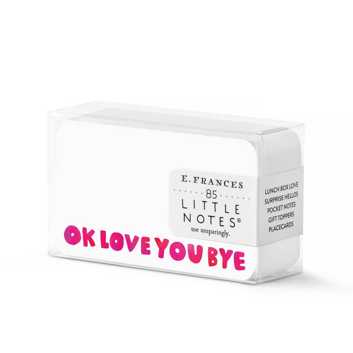 Packet of E. Frances 'Little Notes' note cards with the words 'OK LOVE YOU BYE' printed in different shades of red across the bottom of each card.