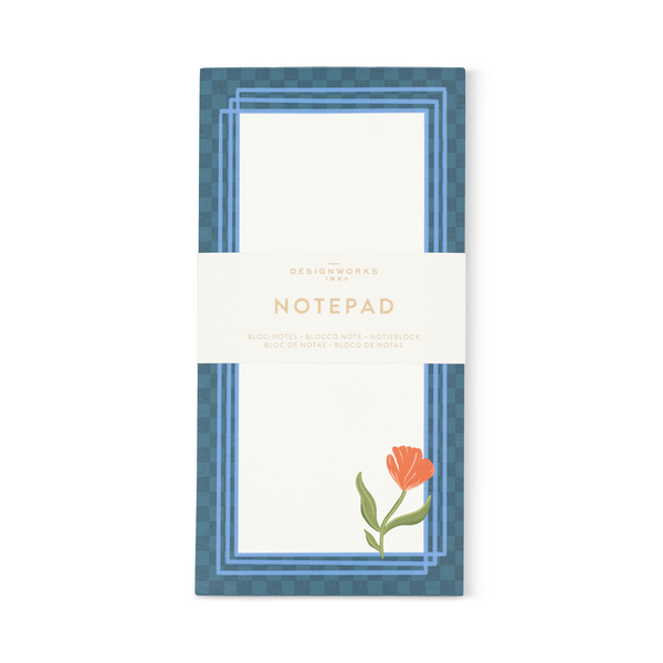 Narrow notepad with blue border and illustration of an orange poppy in the lower right corner.