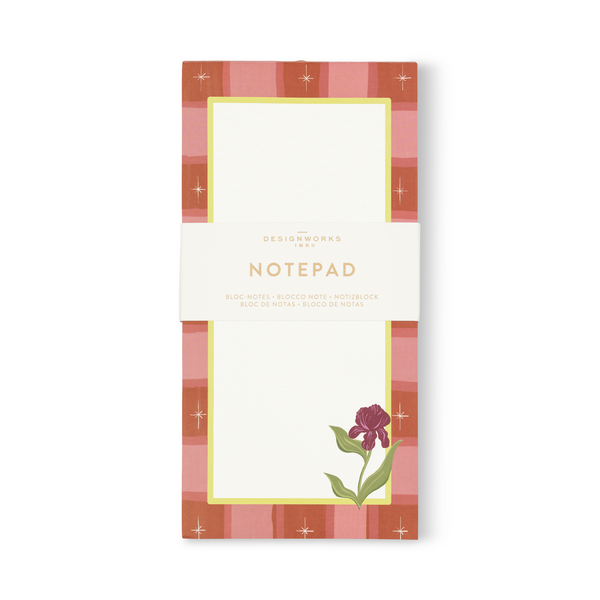 Narrow notepad with orange border and illustration of a burgundy iris in the lower right corner.