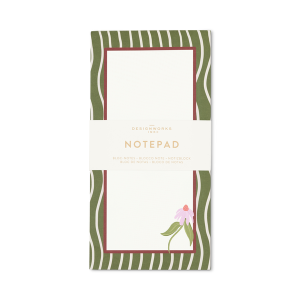 Narrow notepad with green and white border and illustration of a white coneflower in the lower right corner.